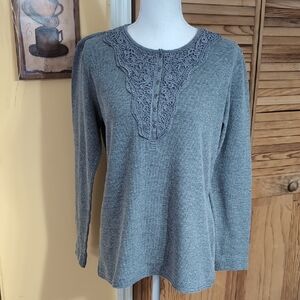 Northcrest Gray Women's Blouse with Lace Accent Size L